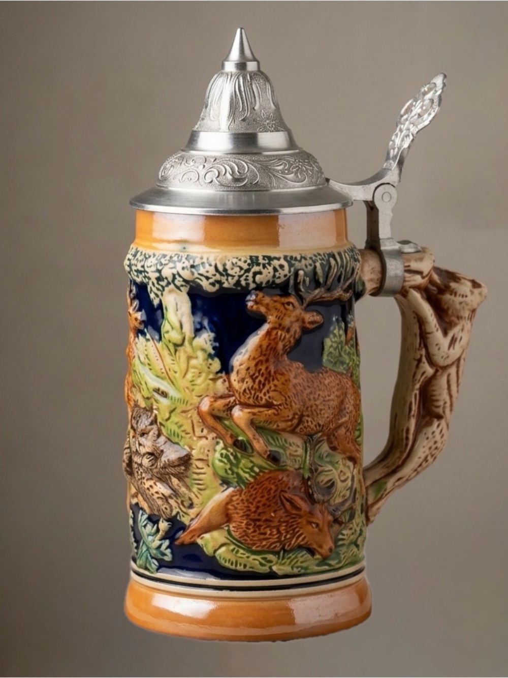 Vintage German Beer Stein Pewter Lid Relief Wildlife Deer Boar 8 Inch fairycore